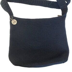 The Sak Black Crochet Shoulder Bag Lined Pockets Handmade Boho Festival Goth